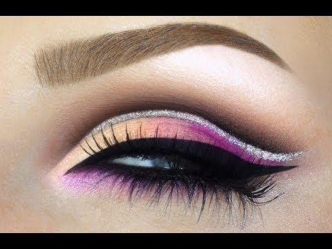 Colorful wedding bridal makeup tutorial cut crease with glitter liner / Pink peach purple make-up